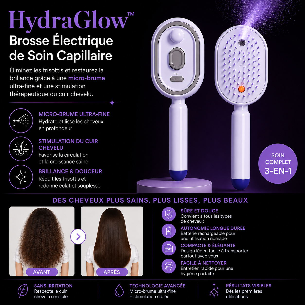HydraGlow™ Brosse Lissante à Vapeur  Hydratation Ultra-Fine & Lissage Ionique Des Cheveux Lisses Comme en Salon en Seulement 5 Minutes