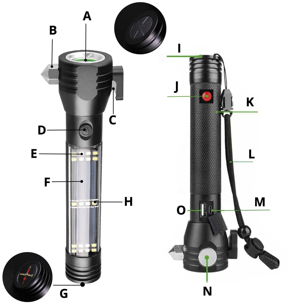 Lampe de poche tactique multifonction à énergie solaire 10 en 1